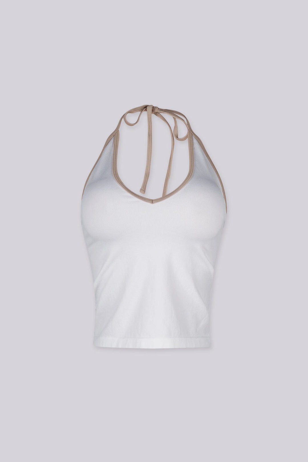 Contrast binding halter tank top with deep plunging neckline
Open back with adjustable tie closure