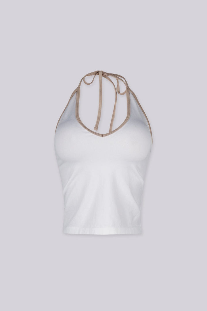 Contrast binding halter tank top with deep plunging neckline
Open back with adjustable tie closure