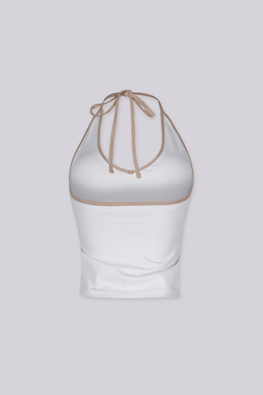 Contrast binding halter tank top with deep plunging neckline
Open back with adjustable tie closure