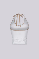 Contrast binding halter tank top with deep plunging neckline
Open back with adjustable tie closure