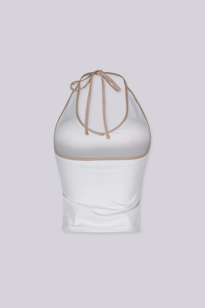 Contrast binding halter tank top with deep plunging neckline
Open back with adjustable tie closure