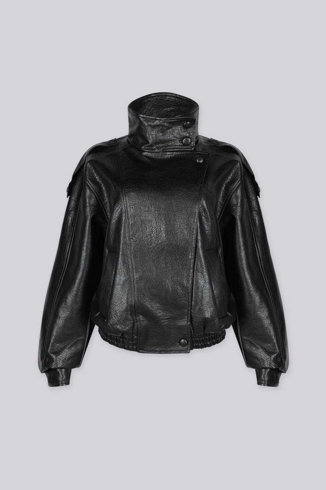 Oversized bomber jacket with a funnel neck collar featuring asymmetrical overlap flap with snap button placket