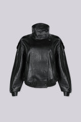 Oversized bomber jacket with a funnel neck collar featuring asymmetrical overlap flap with snap button placket