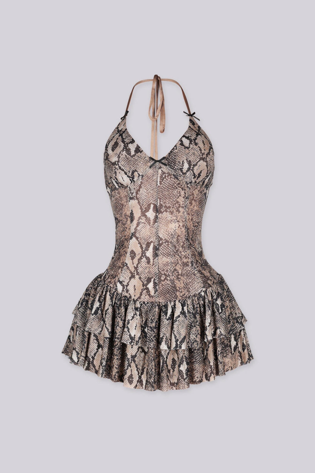 Snake print fitted halter mini dress with plunging sweetheart neckline featuring micro rhinestone embellishments