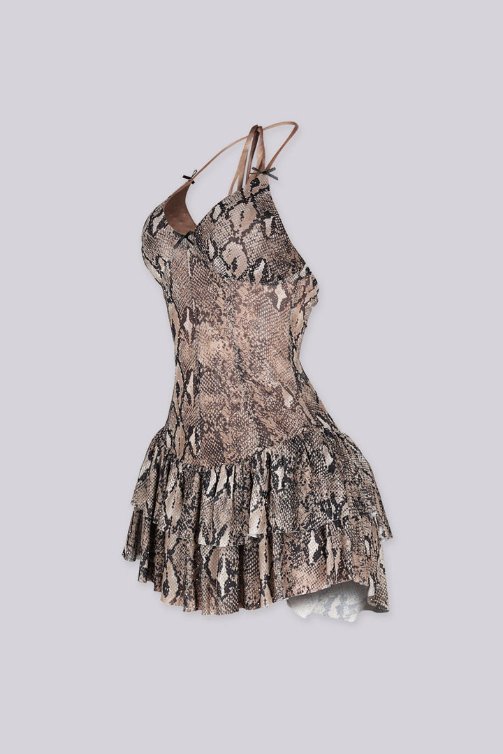Snake print fitted halter mini dress with plunging sweetheart neckline featuring micro rhinestone embellishments