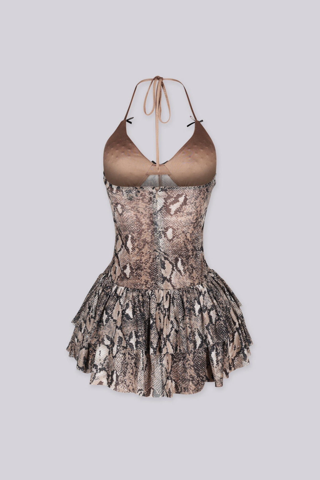 Snake print fitted halter mini dress with plunging sweetheart neckline featuring micro rhinestone embellishments