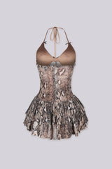 Snake print fitted halter mini dress with plunging sweetheart neckline featuring micro rhinestone embellishments