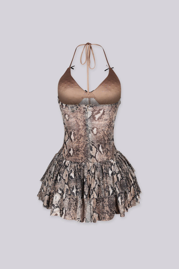 Snake print fitted halter mini dress with plunging sweetheart neckline featuring micro rhinestone embellishments