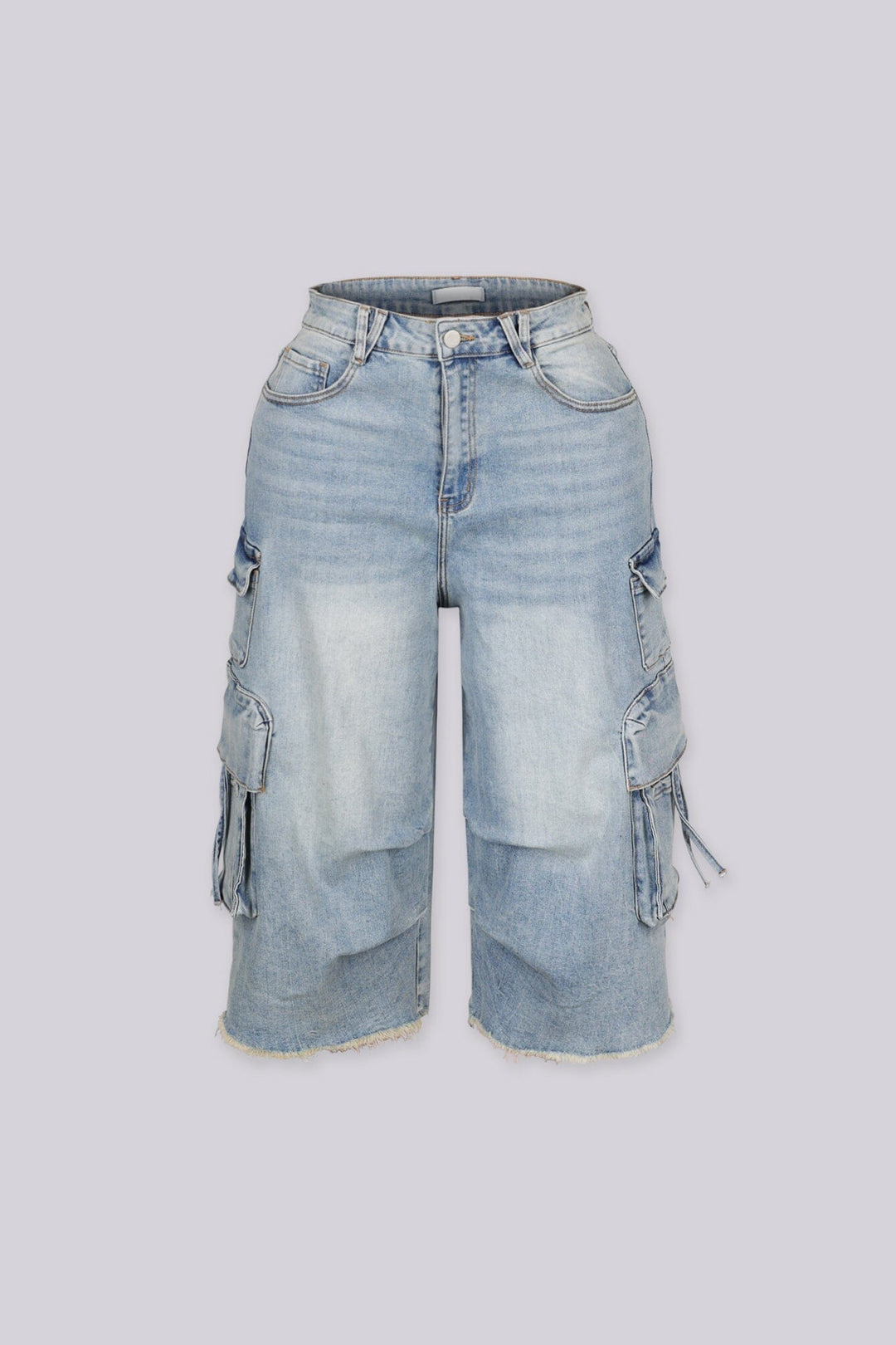 Baggy wide leg capri length pants with frayed raw hem and oversized flap cargo pockets