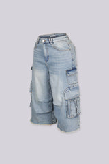 Quarry Light Wash Cargo Denim Capri Pants