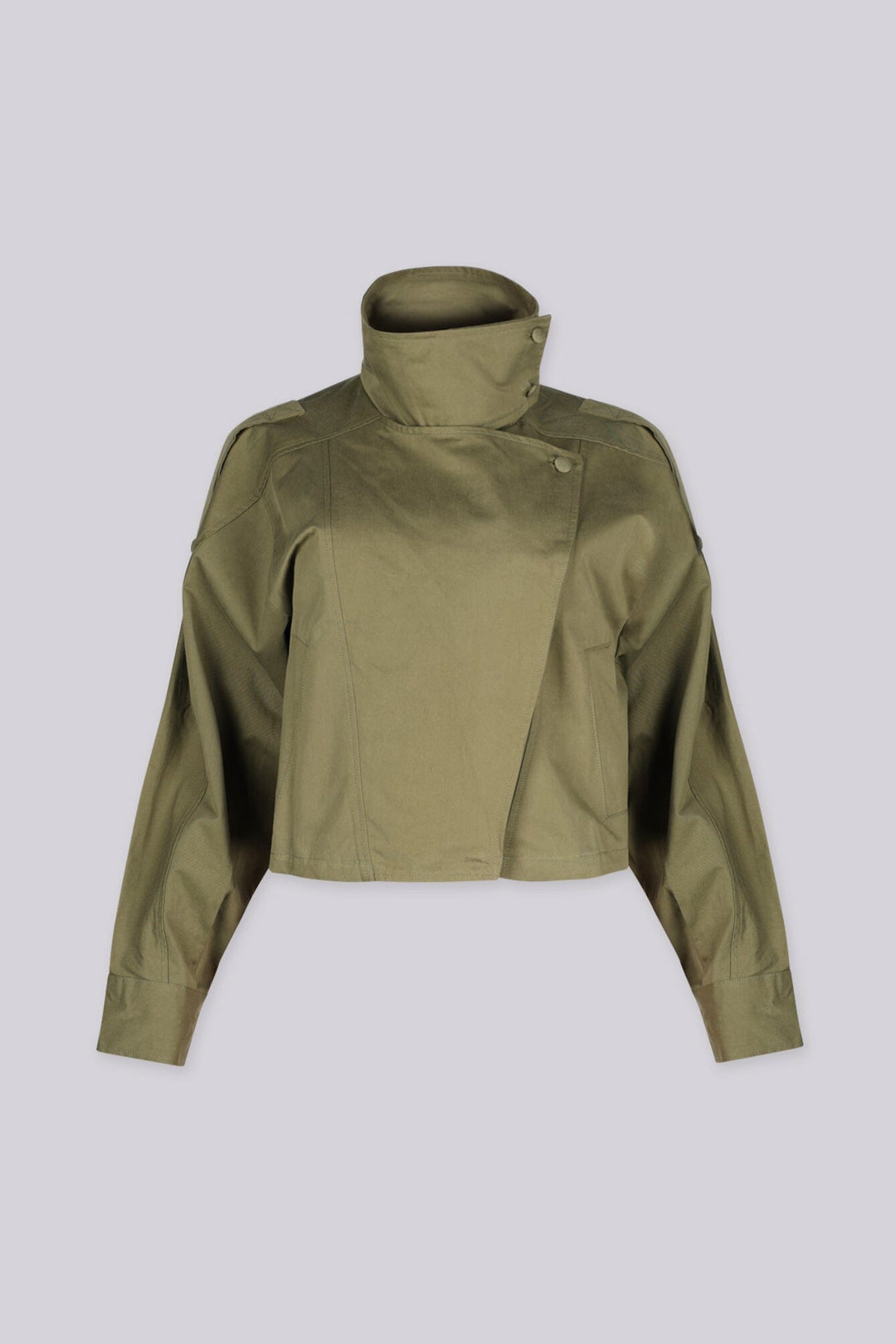 Cropped utility jacket with high stand collar featuring draped flap and epaulet shoulder detail