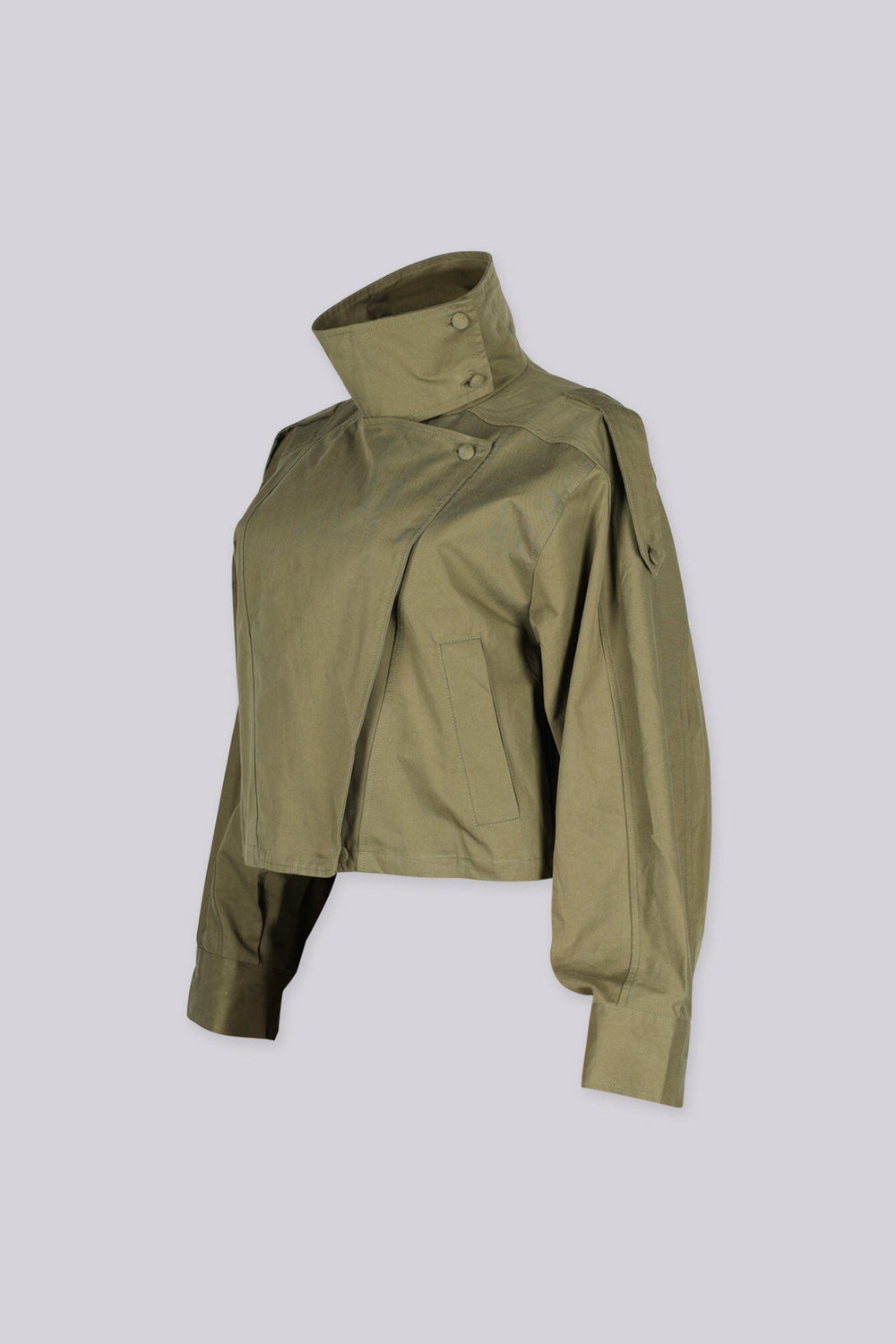 Cropped utility jacket with high stand collar featuring draped flap and epaulet shoulder detail