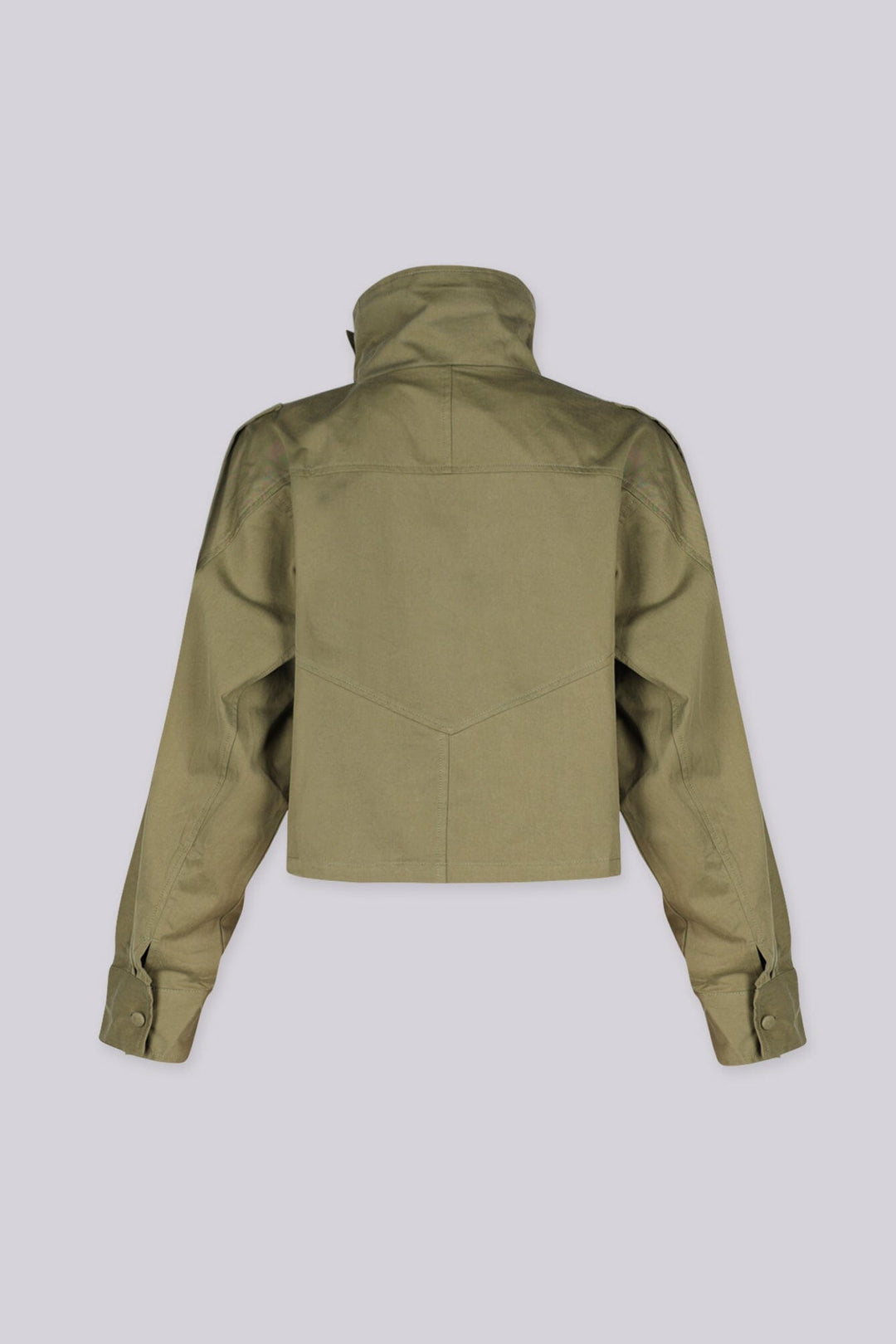 Cropped utility jacket with high stand collar featuring draped flap and epaulet shoulder detail