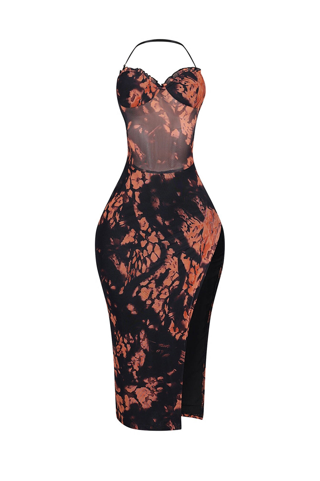 Mesh halter midi dress with deep side slit featuring an open back with adjustable straps