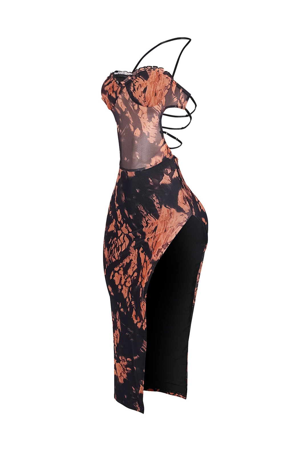 Mesh halter midi dress with deep side slit featuring an open back with adjustable straps
