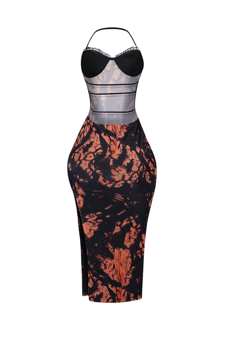 Mesh halter midi dress with deep side slit featuring an open back with adjustable straps