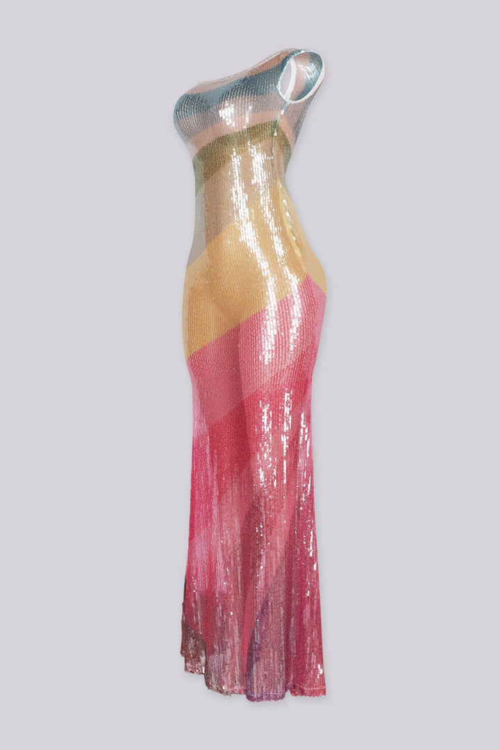 One shoulder maxi dress entirely covered in sequins