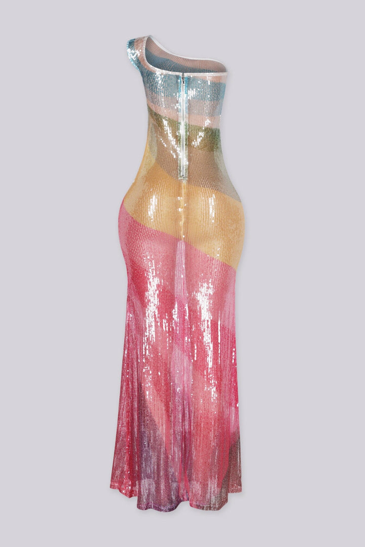One shoulder maxi dress entirely covered in sequins