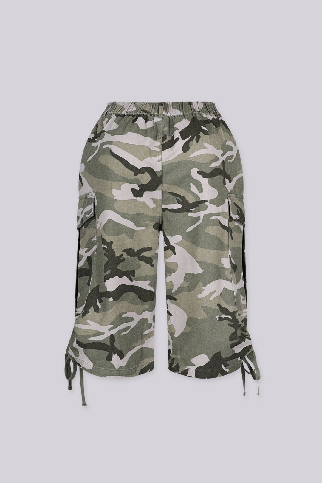 Camouflage print high rise cargo shorts with utility side pockets, back view