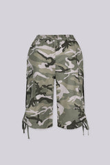 Camouflage print high rise cargo shorts with utility side pockets, back view