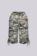 Camouflage print high rise cargo shorts with utility side pockets, front view