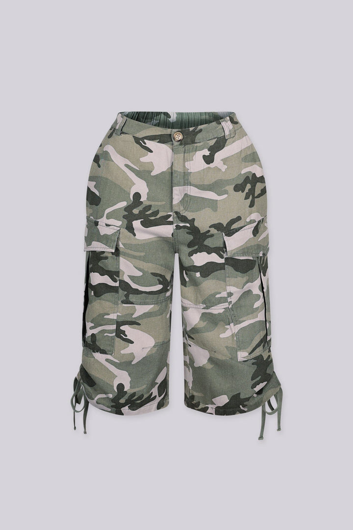 Camouflage print high rise cargo shorts with utility side pockets, front view