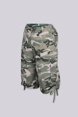 Camouflage print high rise cargo shorts with utility side pockets, side view