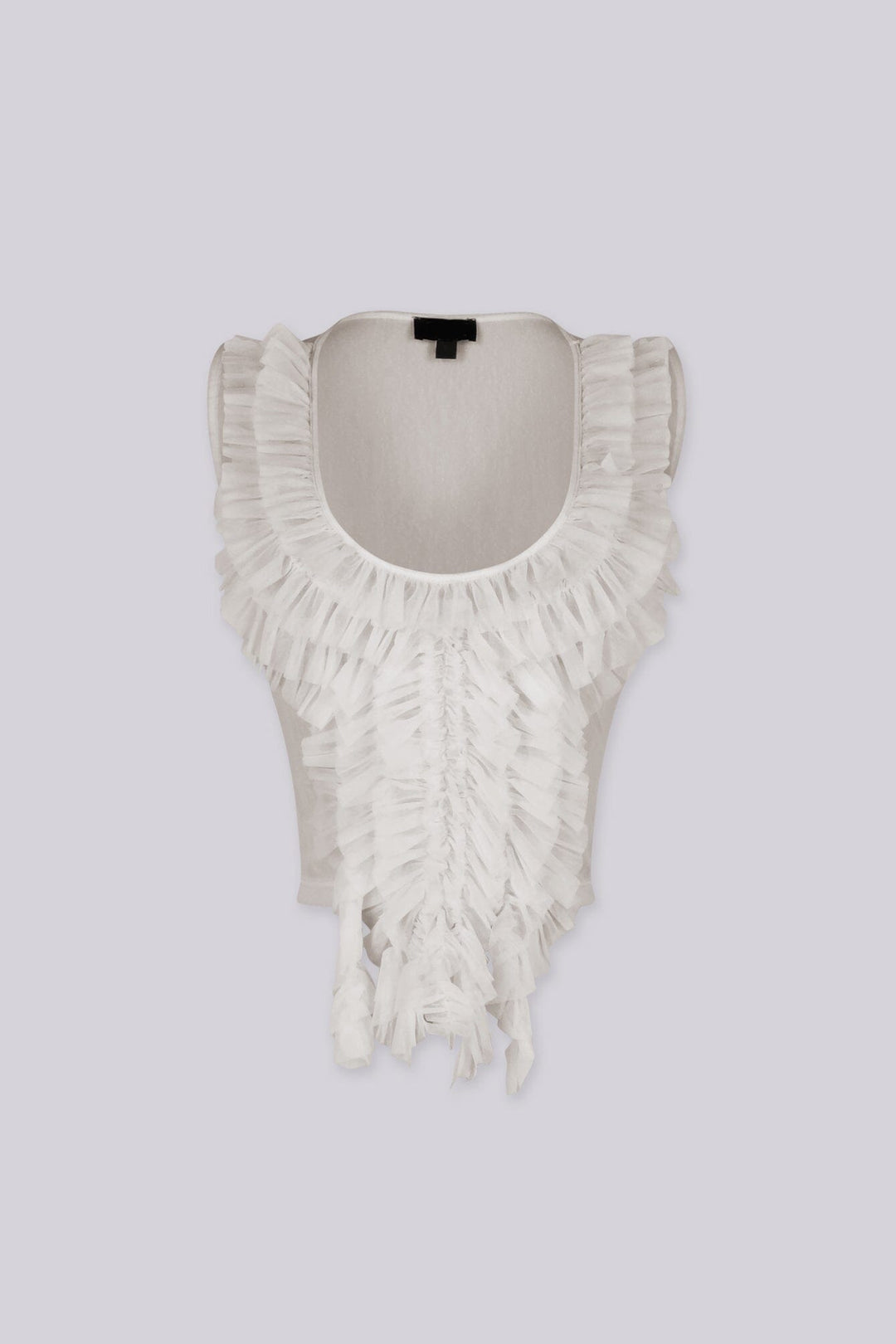 Sheer mesh crop top with deep scoop neckline featuring cascading rows of textured raw-edge ruffles