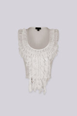 Sheer mesh crop top with deep scoop neckline featuring cascading rows of textured raw-edge ruffles
