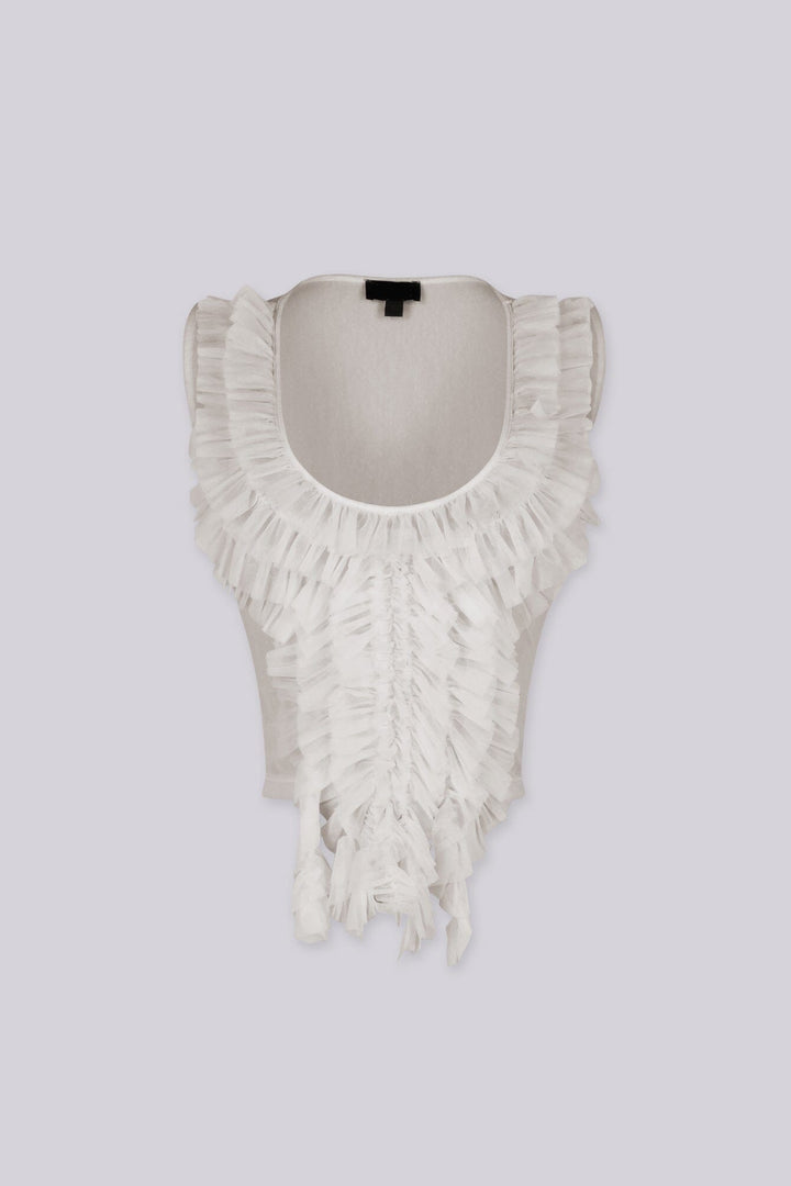 Sheer mesh crop top with deep scoop neckline featuring cascading rows of textured raw-edge ruffles