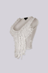 Sheer mesh crop top with deep scoop neckline featuring cascading rows of textured raw-edge ruffles