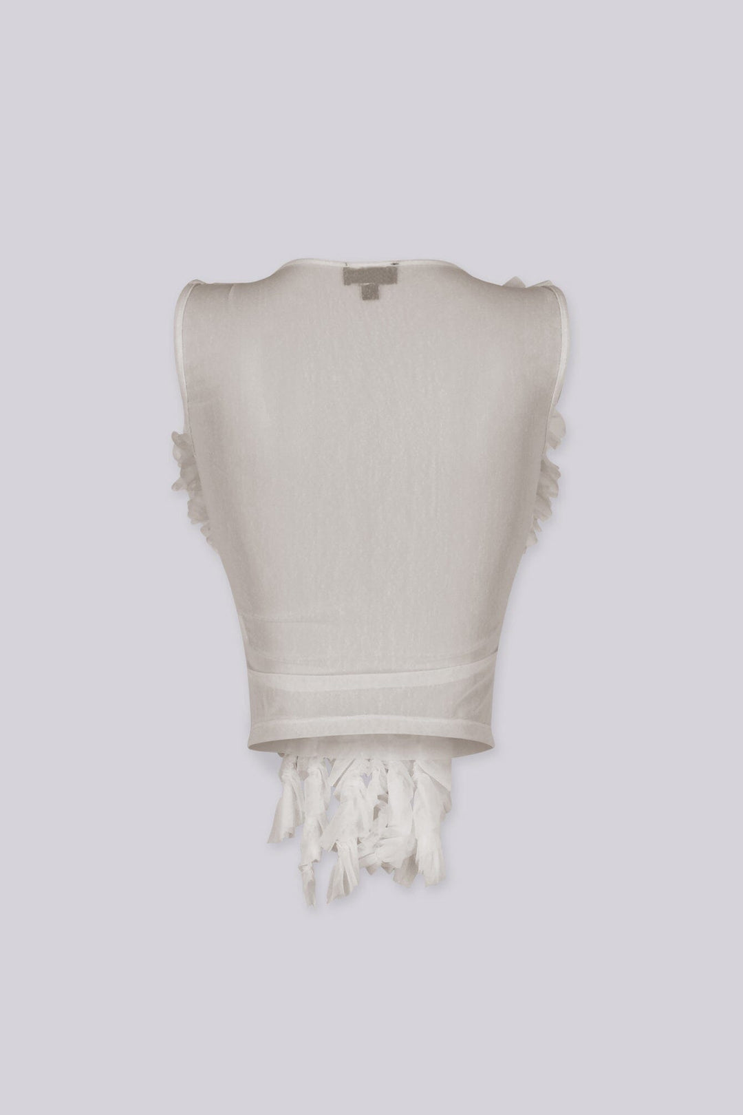 Sheer mesh crop top with deep scoop neckline featuring cascading rows of textured raw-edge ruffles