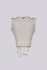 Sheer mesh crop top with deep scoop neckline featuring cascading rows of textured raw-edge ruffles