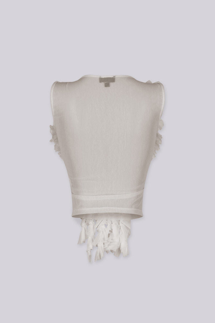 Sheer mesh crop top with deep scoop neckline featuring cascading rows of textured raw-edge ruffles