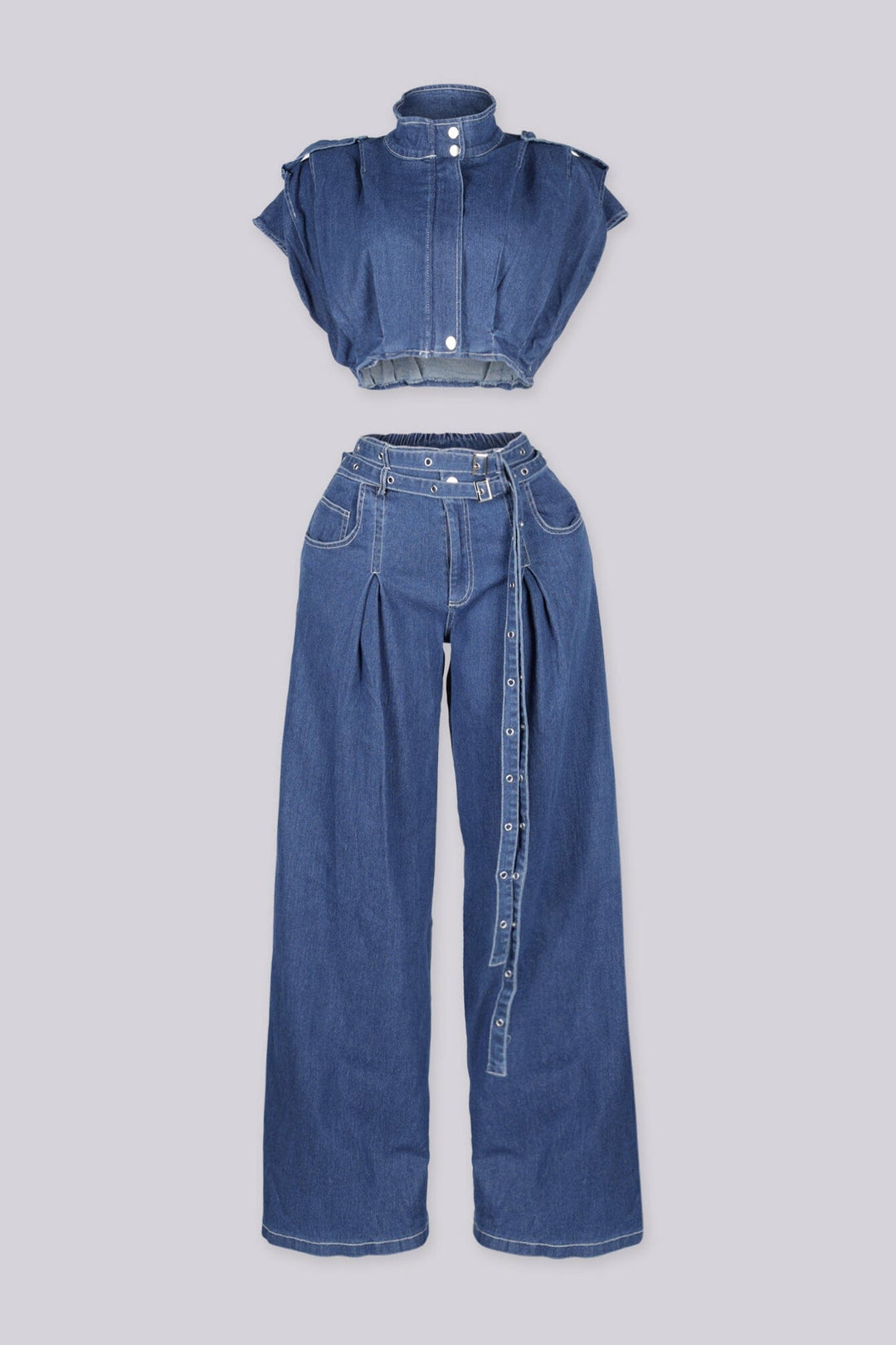 Cap sleeve structured denim crop top featuring convertible stand collar with snap and hidden zip closure at front