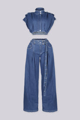 Cap sleeve structured denim crop top featuring convertible stand collar with snap and hidden zip closure at front
