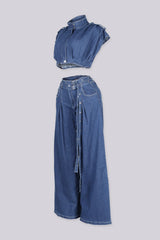 Cap sleeve structured denim crop top featuring convertible stand collar with snap and hidden zip closure at front