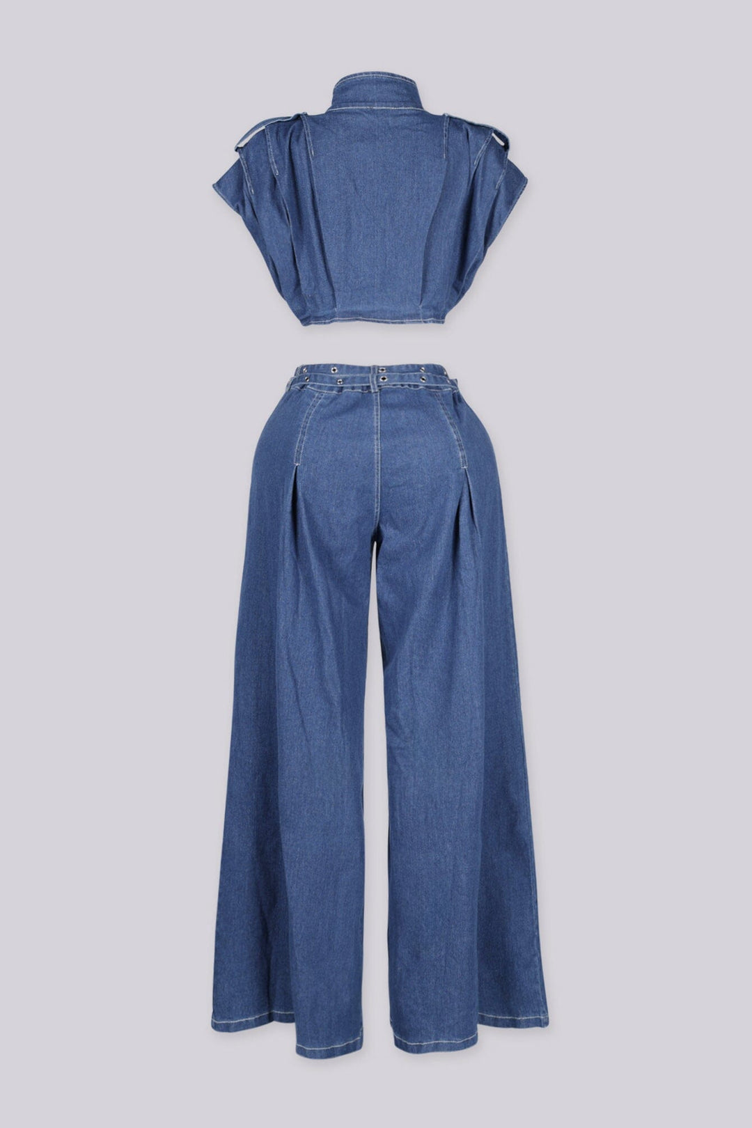 Cap sleeve structured denim crop top featuring convertible stand collar with snap and hidden zip closure at front