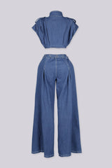 Cap sleeve structured denim crop top featuring convertible stand collar with snap and hidden zip closure at front
