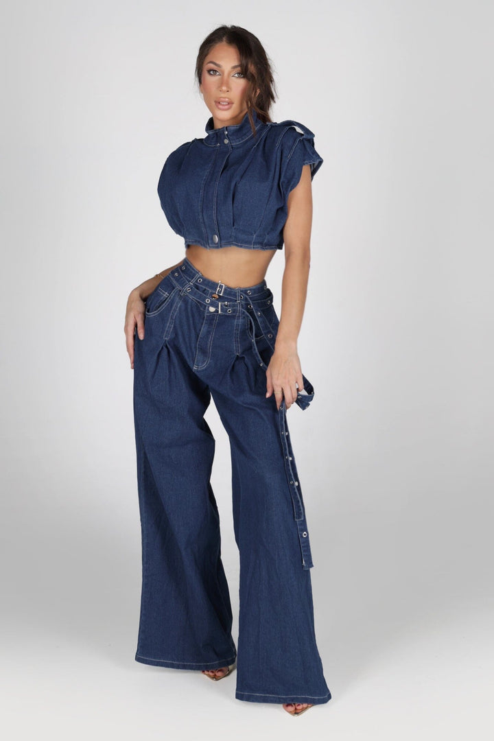 Cap sleeve structured denim crop top featuring convertible stand collar with snap and hidden zip closure at front
