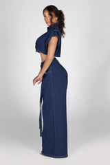 Cap sleeve structured denim crop top featuring convertible stand collar with snap and hidden zip closure at front