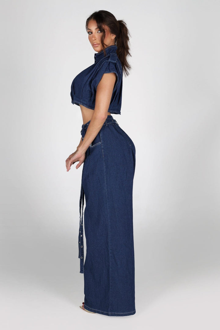 Cap sleeve structured denim crop top featuring convertible stand collar with snap and hidden zip closure at front