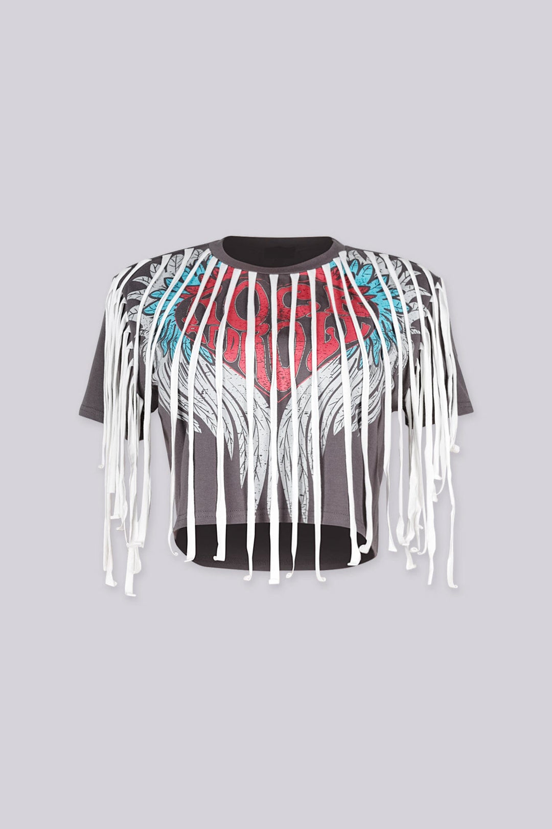 Cropped short sleeve vintage graphic t-shirt featuring distressed winged heart design