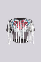 Cropped short sleeve vintage graphic t-shirt featuring distressed winged heart design