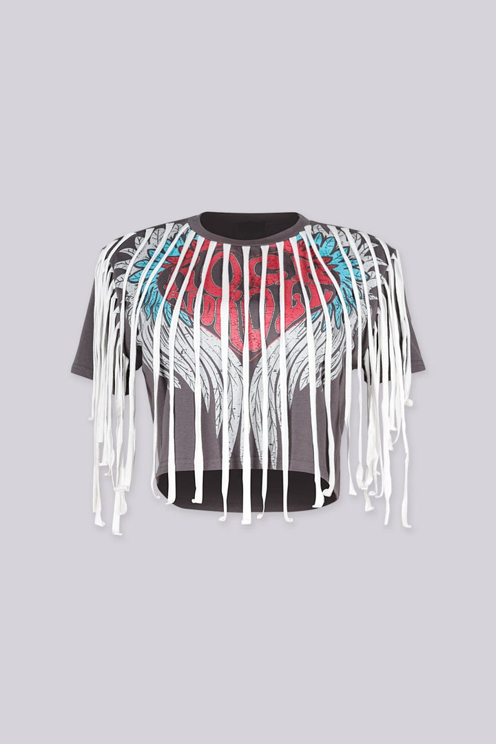 Cropped short sleeve vintage graphic t-shirt featuring distressed winged heart design