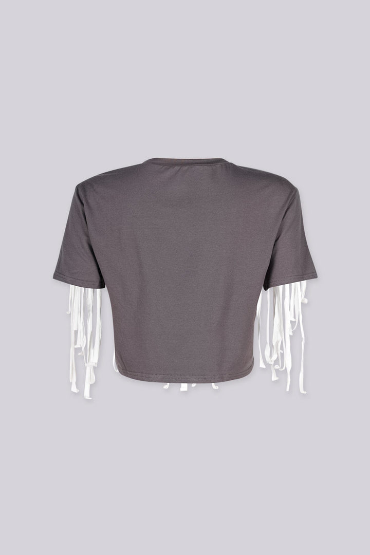 Cropped short sleeve vintage graphic t-shirt featuring distressed winged heart design