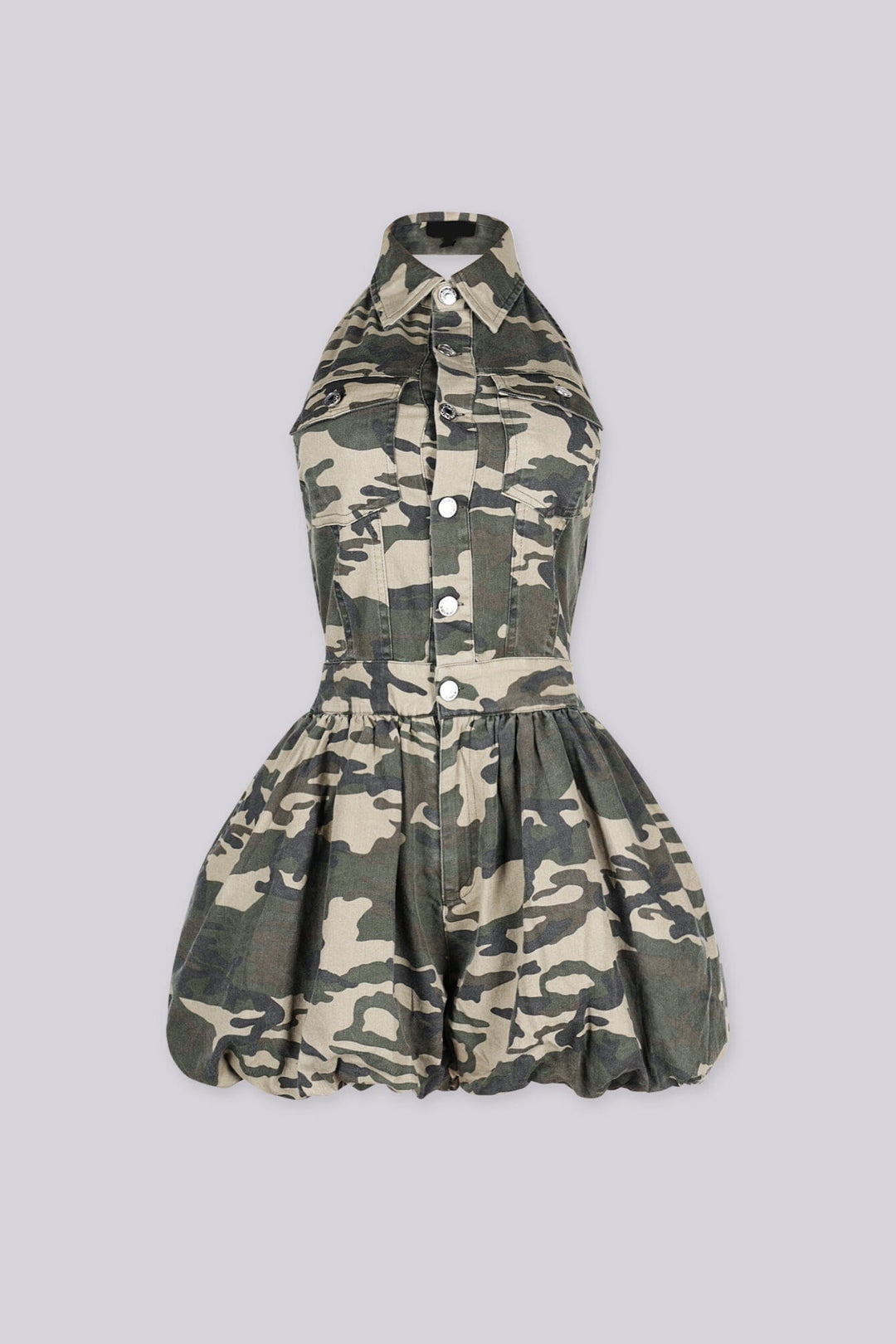 Sleeveless halter fit camouflage print romper with a collar,
front view