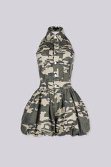 Sleeveless halter fit camouflage print romper with a collar,
front view