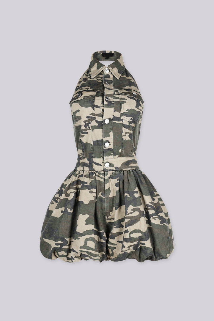 Sleeveless halter fit camouflage print romper with a collar,
front view