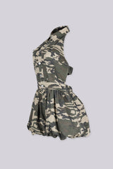 Sleeveless halter fit camouflage print romper with a collar,
side view